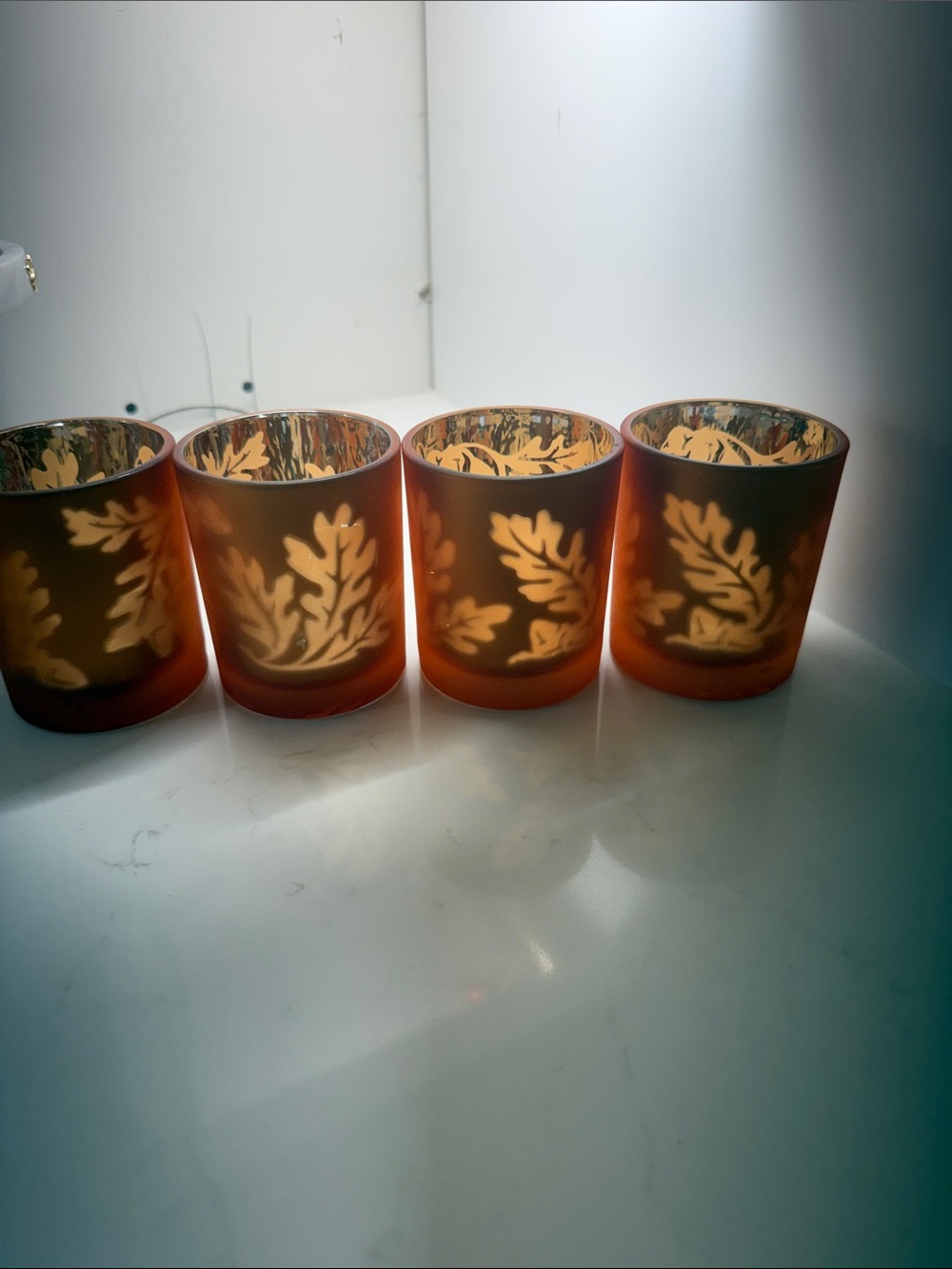Set of 4 Amber Frosted Leaf Votive Candle Holders